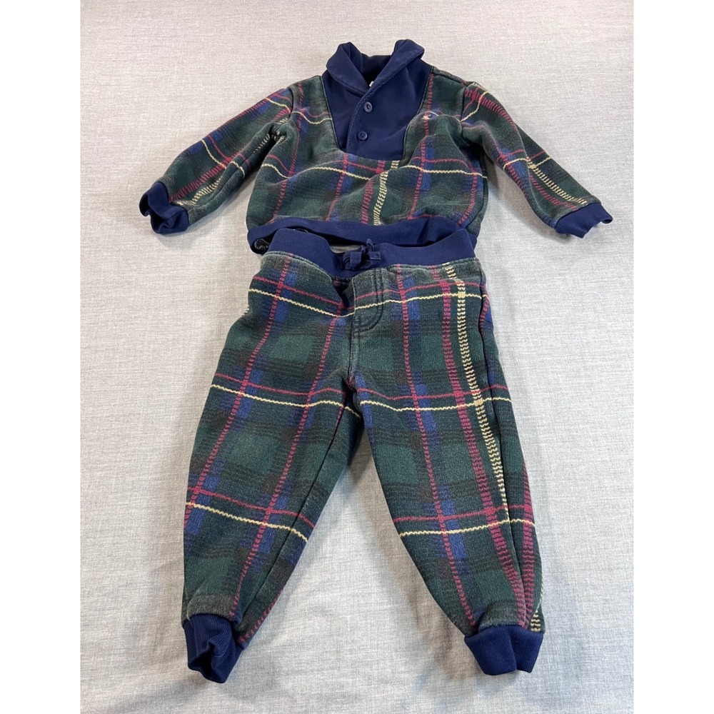 Ralph Lauren Kids 18M Green Plaid Shawl Collar Fleece Sweatshirt & Pants Set